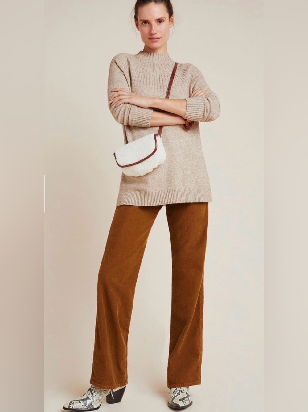 Anthropologie Oversized Ribbed Yoke Mock Neck Sweater Taupe Beige Size Small